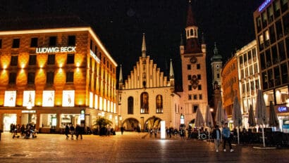 An evening view of Marienplatz in Munich, Germany