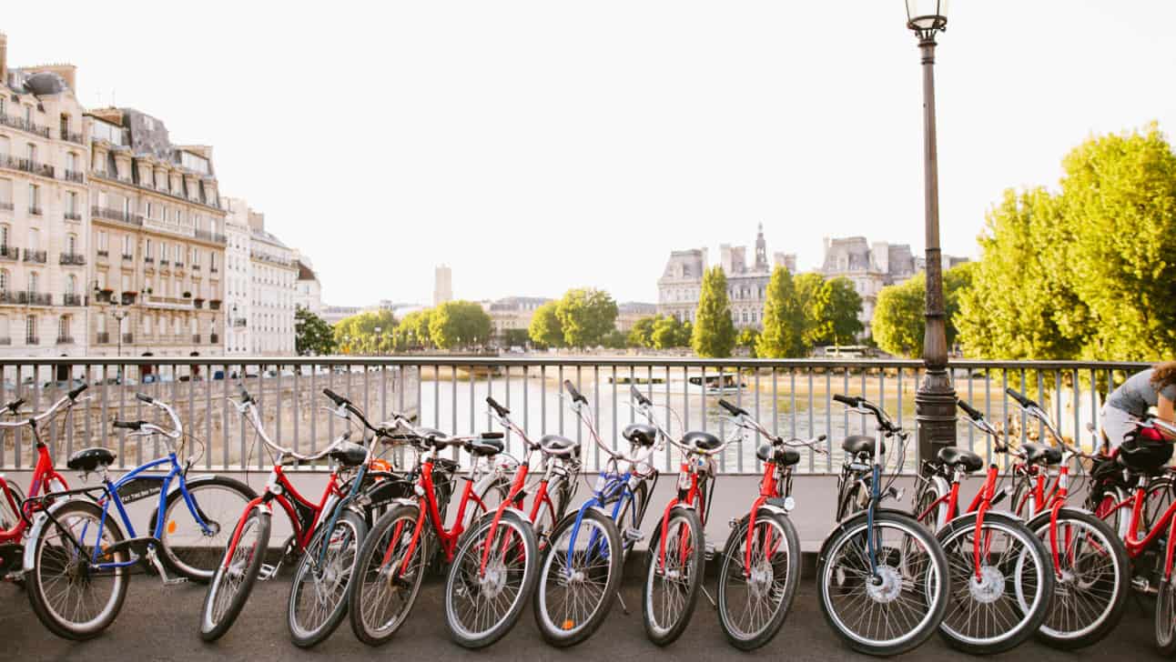 Bikes lined up on a bridge in Paris, France