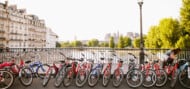 Bikes lined up on a bridge in Paris, France