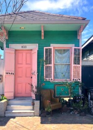 A pink and green home in the Bywater neighborhood in New Orleans
