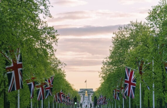 The flag-lined road leading to Buckingham Palace in London, England