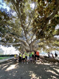 A group poses underneath a large tree in Los Angeles, California