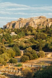 A view of the Acropolis from afar in Athens, Greece