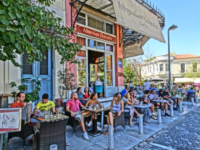 A view of a cafe in the Thission neighborhood in Athens, Greece