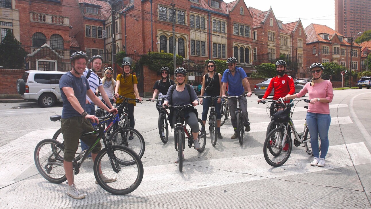 A group of cyclists in the Merced neighborhood of Bogota, Colombia