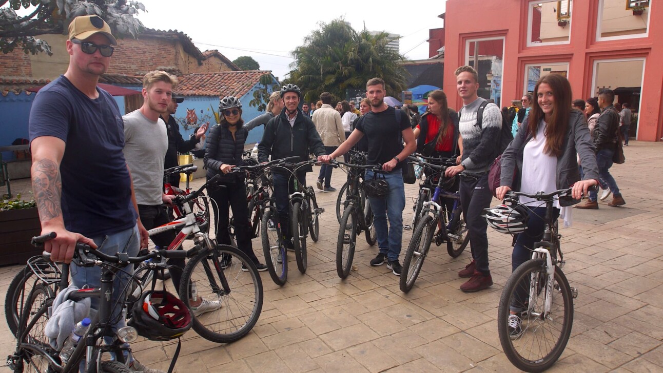 A group of cyclists in Plaza del Chorro de Quevedo in Bogota, Colombia