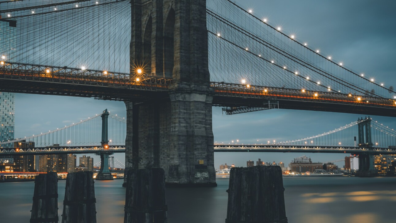 A view of the Brooklyn Bridge from the South Street Seaport in New York City