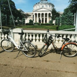 Bikes parked in front of the athenaeum in Bucharest, Romania