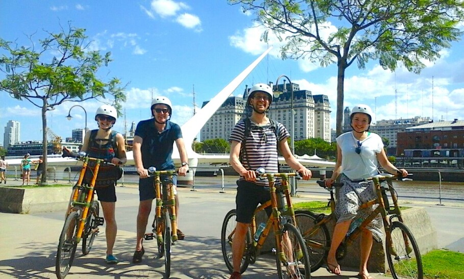 Cyclists pose for a photo in Buenos Aires, Argentina