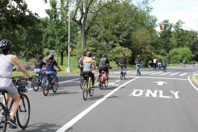 Cyclists ride along bike lanes in New York City's Central Park