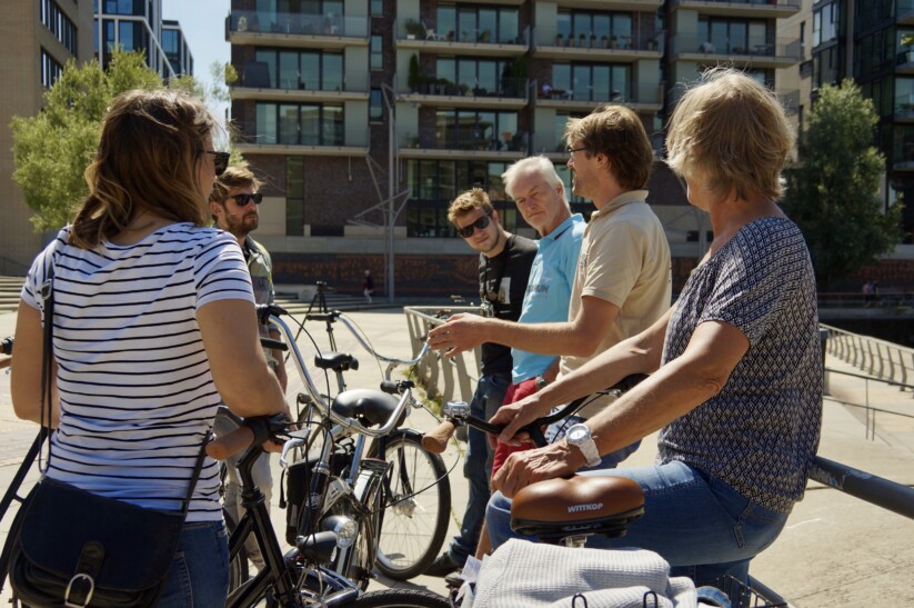 A group of cyclists taking a break in Hamburg, Germany