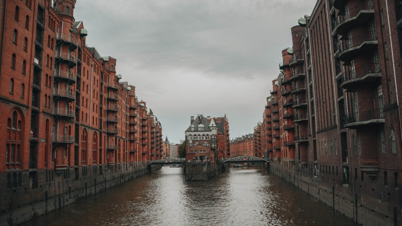 The Speicherstadt Canal district in Hamburg, Germany