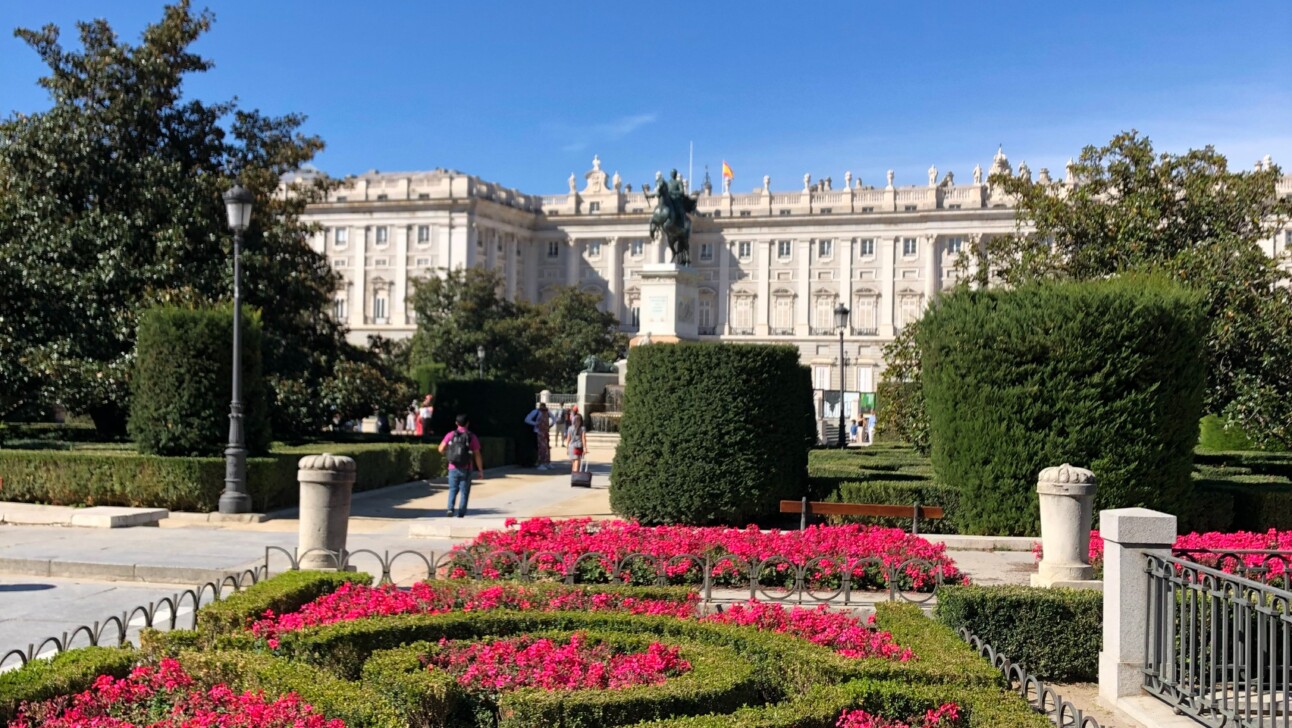 Colorful flowers in Plaza Oriente in Madrid, Spain