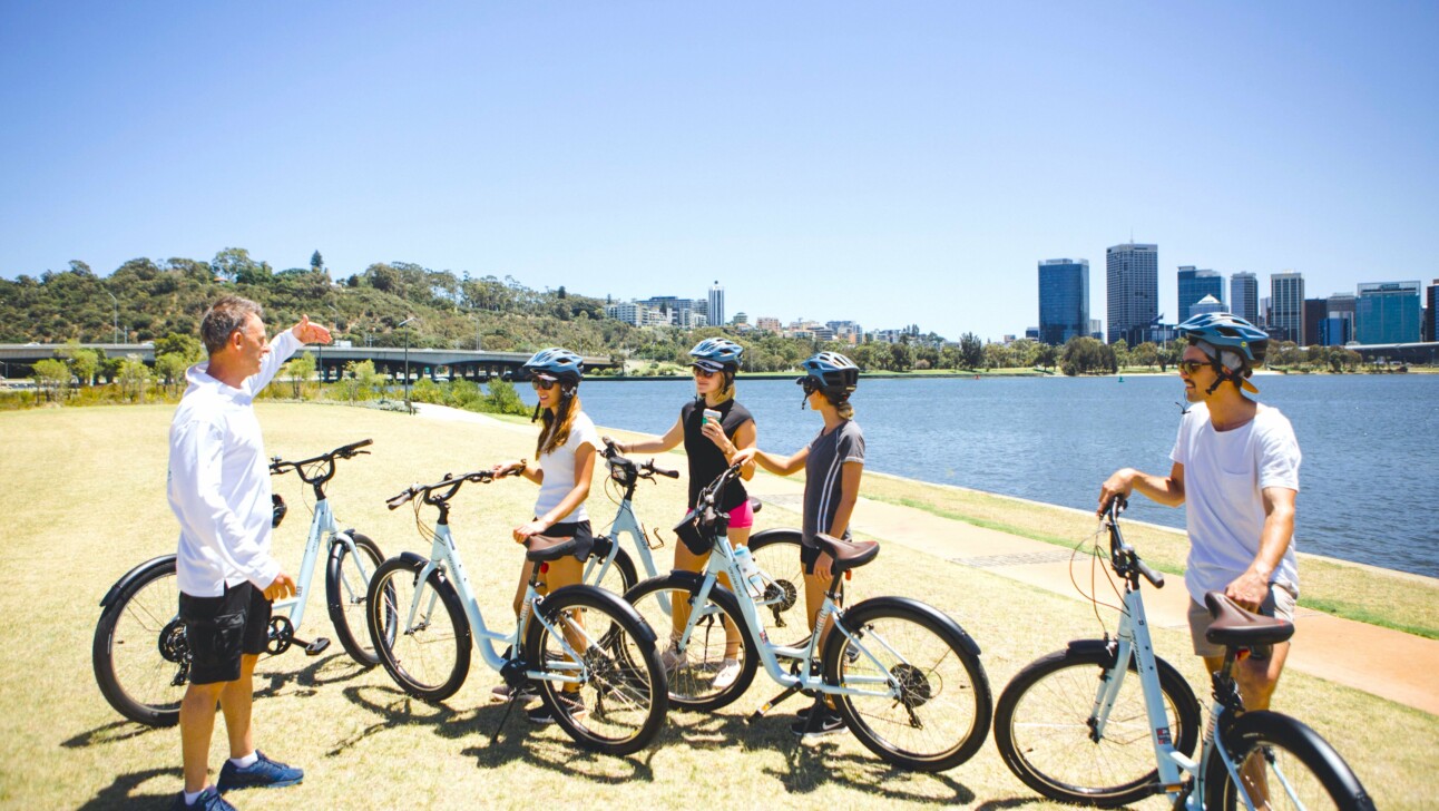 A group of cyclists at Perth's south foreshore