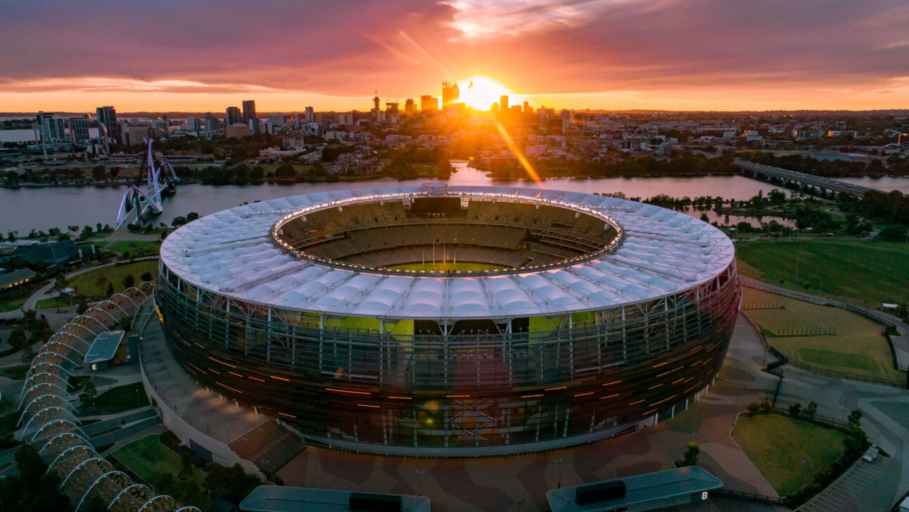 Optus Stadium in Perth, Australia as the sun is setting