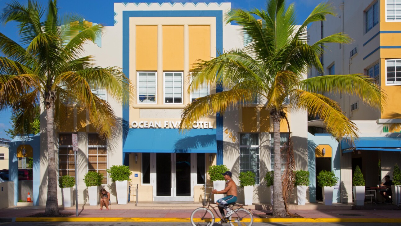 An art deco yellow building in Miami, Florida
