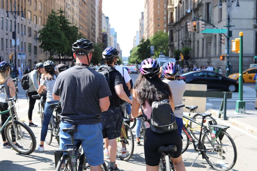 Cyclists stop to admire their surroundings in New York City