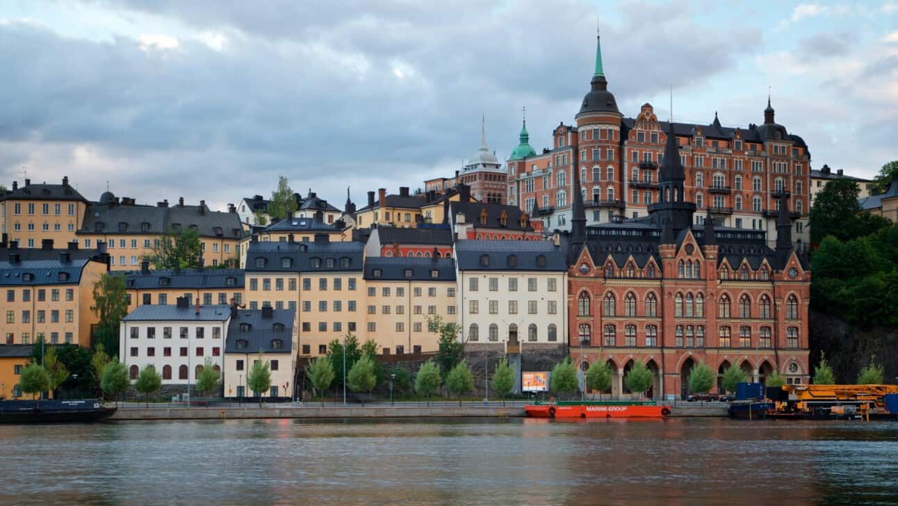 Traditional buildings along the water in Stockholm, Sweden