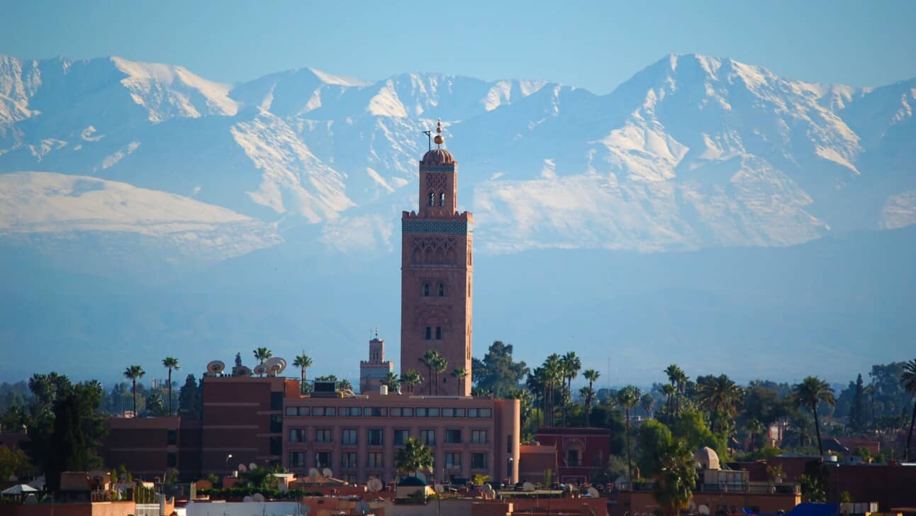 Koutoubia in Marrakech with the Atlas mountains in the background