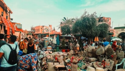 A large open-air market in Marrakech, Morocco